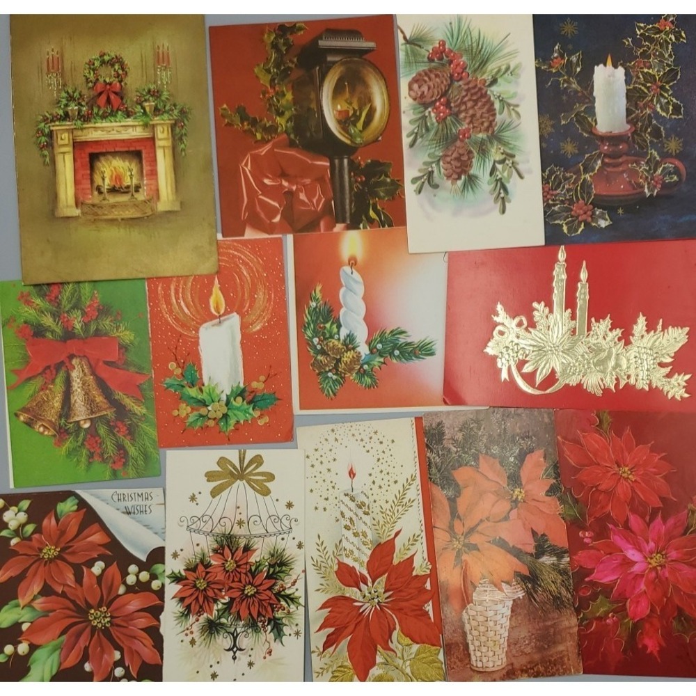 13 Old Vintage Used Greeting Card Fronts Crafts Poinsetta Candle Evergreen Holly